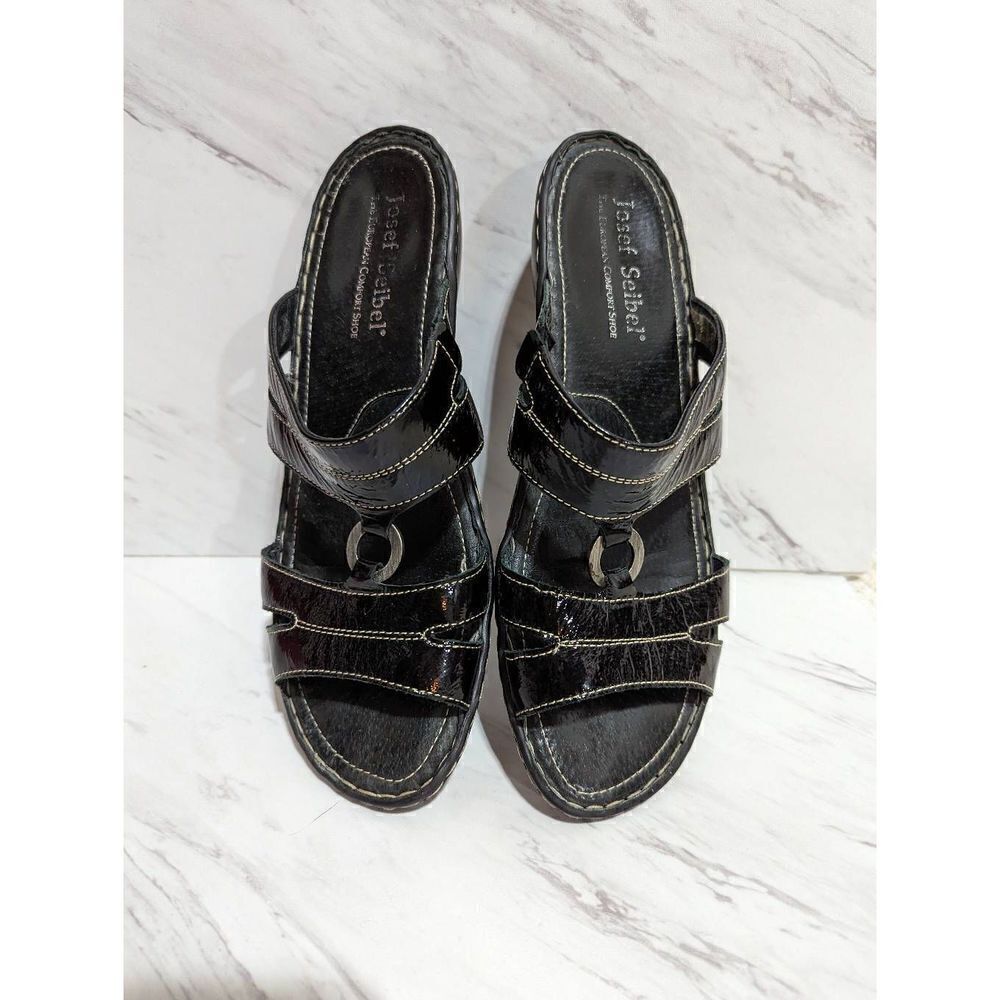 Josef Seibel Women's Black Leather Slip-On Sandals Size 8 Euro 41